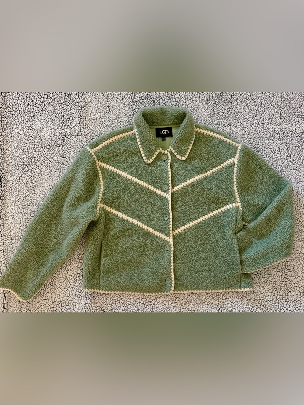 UGG Women's Ellison UGGFluff Sage Green Sherpa Jacket with Cream Trim